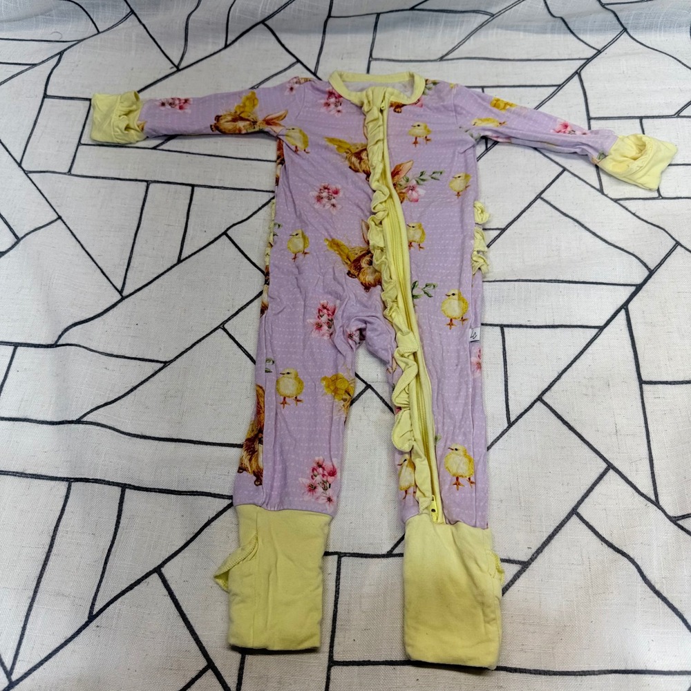 Laree + Co Bamboo Ruffle Sleeper 3-6M Purple Bunny Chick Easter Romper
